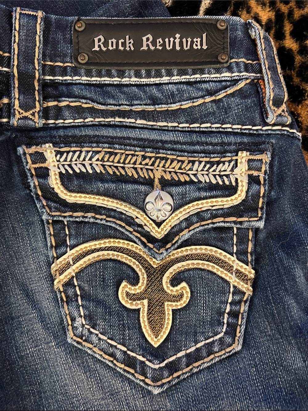 Rock Revival Dark Blue Bootcut Jeans with Tan Embroidery